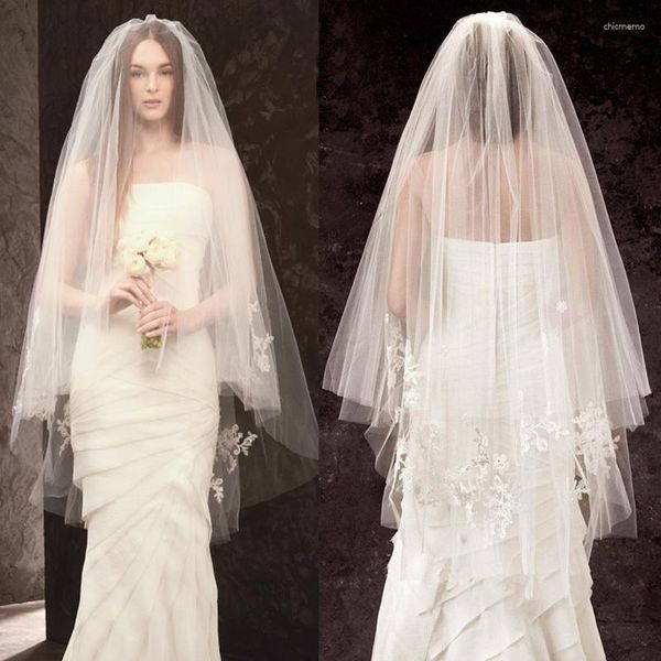 Véu de Noiva Véu de Noiva Renda Marfim Acessórios Duas Camadas Tule Com Apliques Voile Mariage