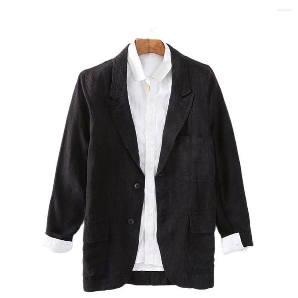 Ternos Masculinos Blazers de Linho Sólido com Design de Bolso Jaqueta Sexy Roupas Masculinas 2023 Top Outerwear de Seio Único Outono Lepal Collor