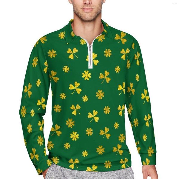 Polo da uomo St Patricks Day Polo allentata Gold Irish Shamrocks Maniche lunghe T-shirt casual Street Style Autunno Grafica Taglie forti