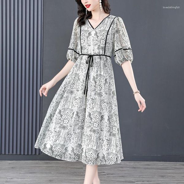 Vestidos casuais 2023 estampados com decote em V vintage vestido sexy moda feminina elegante verão coreano escritório senhora