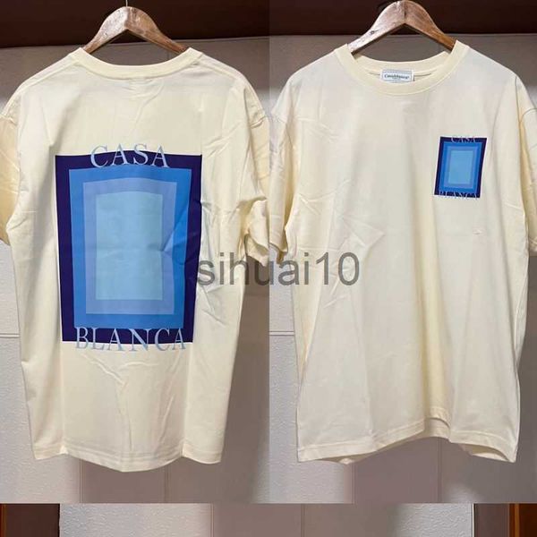 Herren-T-Shirts, Sommer-Casablanca-T-Shirt, blaues Farbverlaufs-Quadratdruck-Kurzarm-Baumwoll-loses T-Shirt für Männer und Frauen J230731