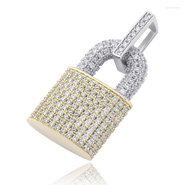 Collane con ciondolo Hip Hop Bling Iced Out Lock Shape Pave Setting Zircon Gold Silver Color Collana bicolore per gioielli da uomo