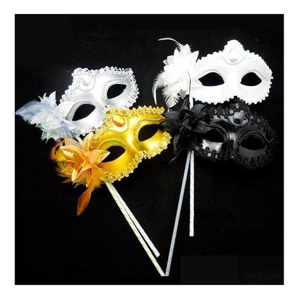 Partymasken Venezianische Maskerade Tanzballmaske Kostüm Augenmaske auf Stock Lilie Blume Spitze Feder gehalten Drop Lieferung Hausgarten F Dh8Kq