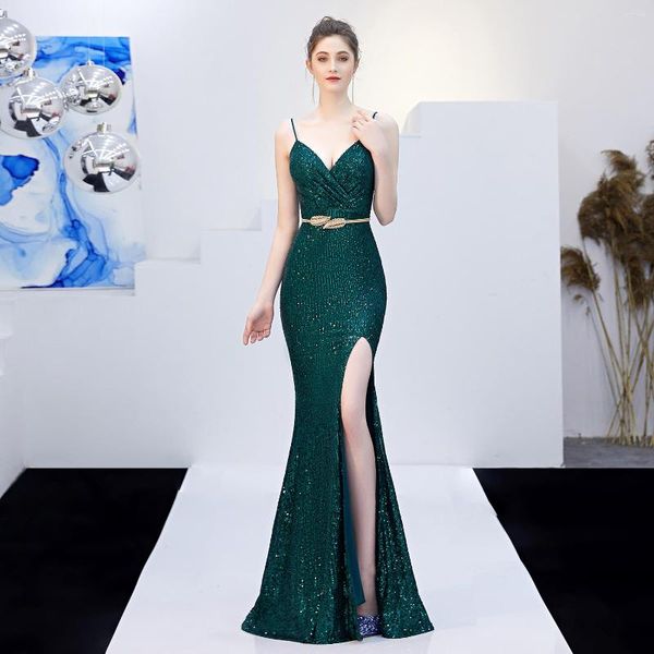 Vestidos Casuais Verde com Decote em V Alça Espaguete Sem Costas Luxo Lantejoulas Cocktail Elegante Vestido de Baile Sexy Alto Dividido Vestido Formal Para Mulheres