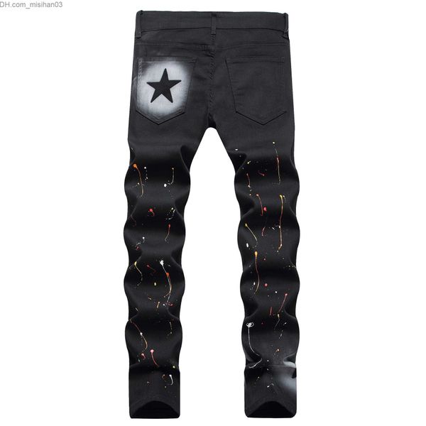 Мужские штаны 2023 Новые мужские черные пигментные пигментные джинсы уличная звезда принт Ультра -тонкий эластичный джинсовый брюки Мужские брюки для карандашей Z230801