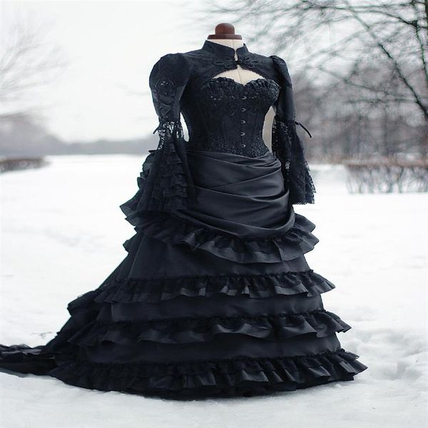 Vestido de noiva vitoriano vintage preto agitação histórico medieval gótico vestidos de noiva gola alta mangas compridas espartilho inverno cosplay 2706