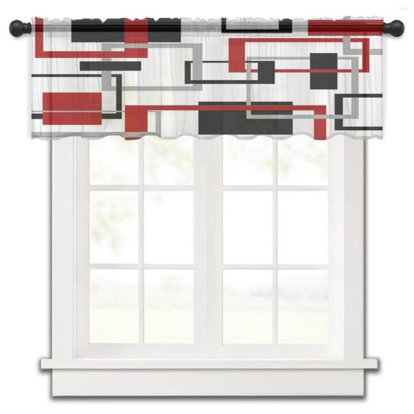 Vorhang, abstrakte geometrische Quadrate, Kunst, Schwarz, Rot, Küchenvorhänge, Tüll, durchsichtig, kurz, Schlafzimmer, Wohnzimmer, Heimdekoration, Voile-Vorhänge