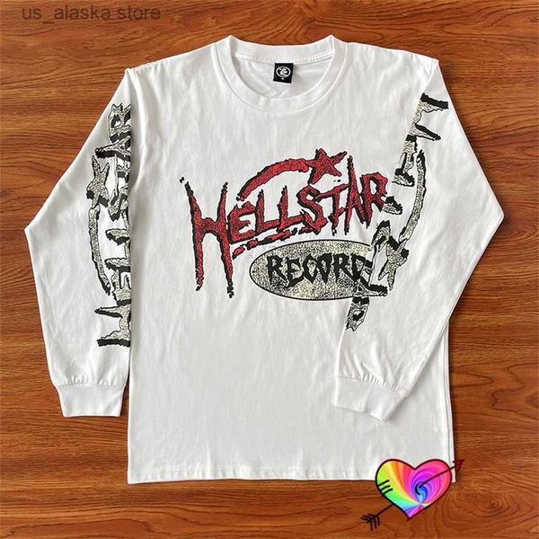 Мужские толстовок толстовок 2023 Hellstar Records Tie Tee Men Men Women 1 1 Винтажный график Hellstar Dios Футболка белая экипаж Tops T230731