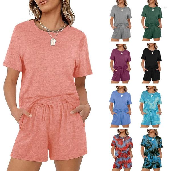 Kadınların Takipleri Yaz Bayanlar Günlük Katı Kısa Kollu T-Shirts Kadın Elastik Bel Cepleri Şort Set İki Parça Takım Giyim Takip