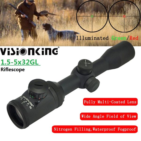 Visionking 1.5-5x32 Riflescope FMC Grande Angular À Prova D' Água Longo Alcance Iluminado Óptica de Caça Visão Noturna Mira Telescópica