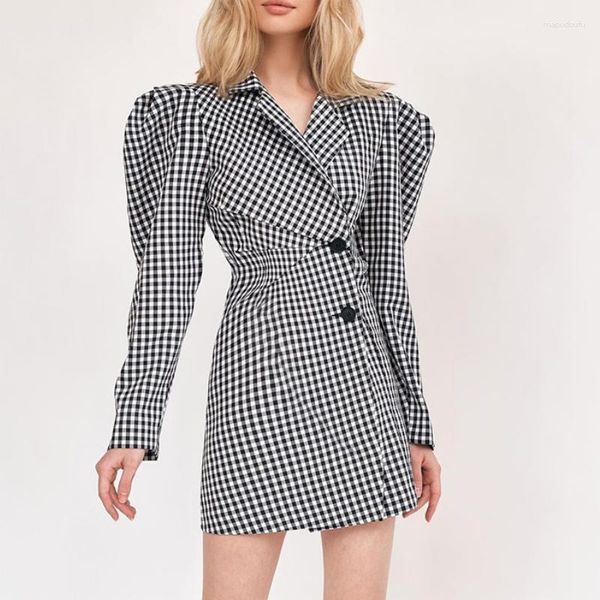 Casual Kleider Büro Dame Plaid Kerb Puff Sleeve Mantel Für Frauen Tasten Hohe Taille Elegante Mini Bodycon Kleid Weibliche Herbst