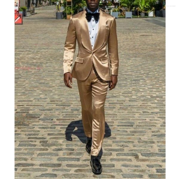 Мужские костюмы Золотое шелк атлас мужчина 2 штука Slim Fit Blazer Bants Set Setts Groom Prom Part Wedding Tuxedos Codtume Homme для платья для мариога