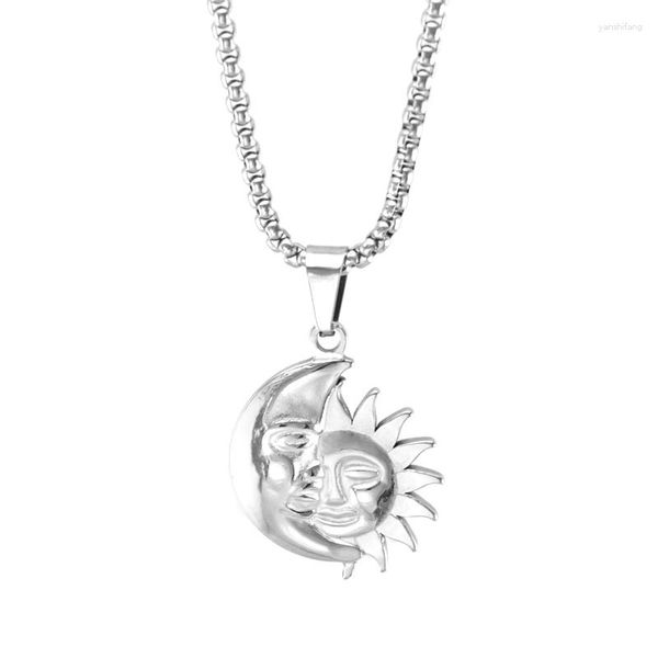 Colares com pingente vintage cor de prata lua sol rosto colar para mulheres caixa de joias de aço inoxidável cabo corrente presente BFF bijoux femme