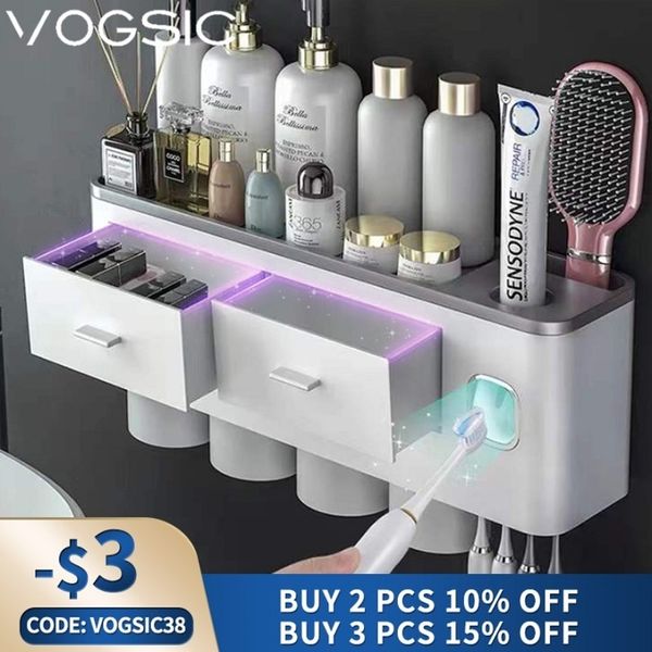 Portaspazzolino Portaspazzolino senza punzonatura con nastro magnetico Porta trucco da 2/3/4 tazze Distributore automatico di spremiagrumi per dentifricio Accessorio per il bagno 230731