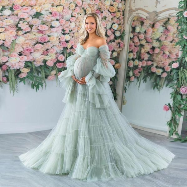 Abiti casual Arrivo Maternità verde per Po Shoot Off The Shoulder Fluffy Ruffle Tulle Dress Babyshower Gowns