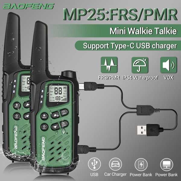 Walkie Talkie 2 Pack Baofeneng MP25 PMR4 FRS Uzun Aralıklı Şarj Edilebilir C Tip Mini LCD Ekran El Feneri İki Yollu Radyo 230731