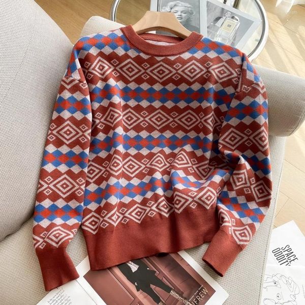 Maglioni da donna High Street French Vintage Piccolo profumo Pullover lavorato a maglia Maglieria da donna Moda Casual Geometry Maglione di lana jacquard