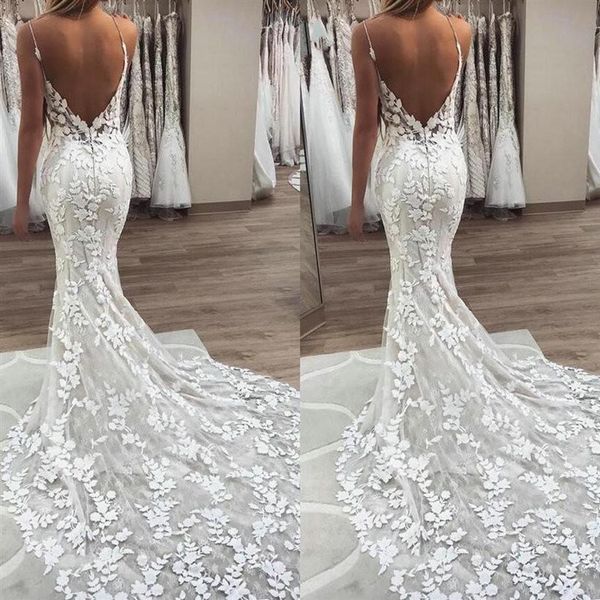 Abiti da sposa in pizzo floreale costosi Stile sirena 2023 Scollo a V profondo Spaghetti con perline Strapls Sexy V aperto indietro Festa nuziale formale226k