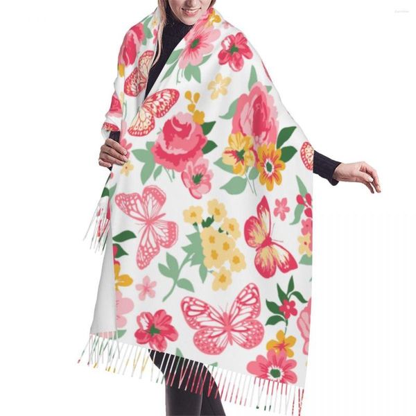 Cachecóis Cachecol De Borla De Inverno Coral Rosas Peônias E Borboletas Feminino Caxemira Pescoço Cabeça Quente Pashmina Lady Xale Envoltório Bandana