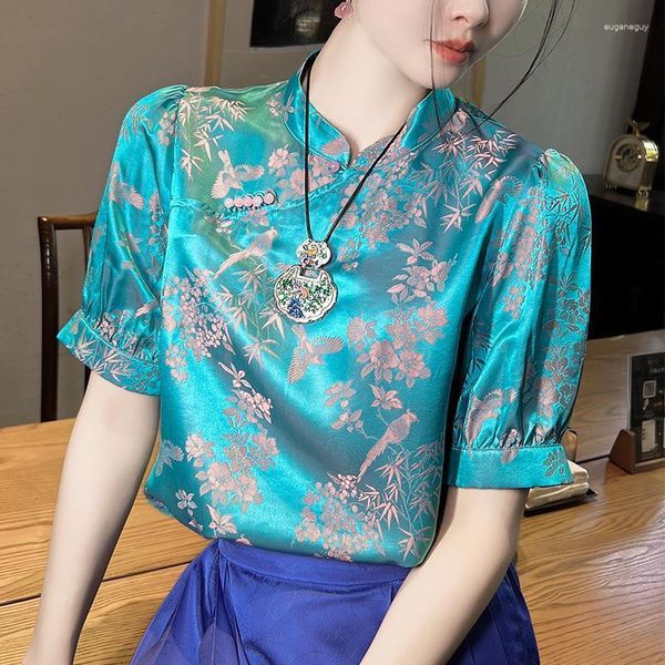 Blusas Femininas Camisa de Cetim Senhoras Verão 2023 Seda Floral Estilo Chinês Mangas Curtas Top Solto Decote em O Roupas Vintage YCMYUNYAN