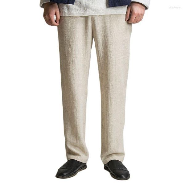 Pantaloni da uomo in lino estivi larghi e traspiranti in cotone maschile Pantaloni in puro colore casual con lacci da uomo