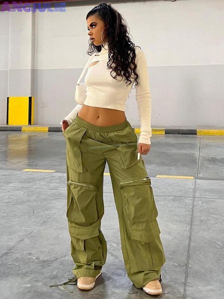 Damenhosen Angjulie Cargo Pant Frauen Sommer Trend 2023 Mode Hohe Strecthy Mehrere Taschen Zipp-up Lose Gerade Coole Streetwear