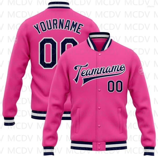 Herrenjacken Maßgeschneiderte Bomber-Uni-Letterman-Jacke mit durchgehendem Druckknopf in Rosa, Marineblau und Weiß