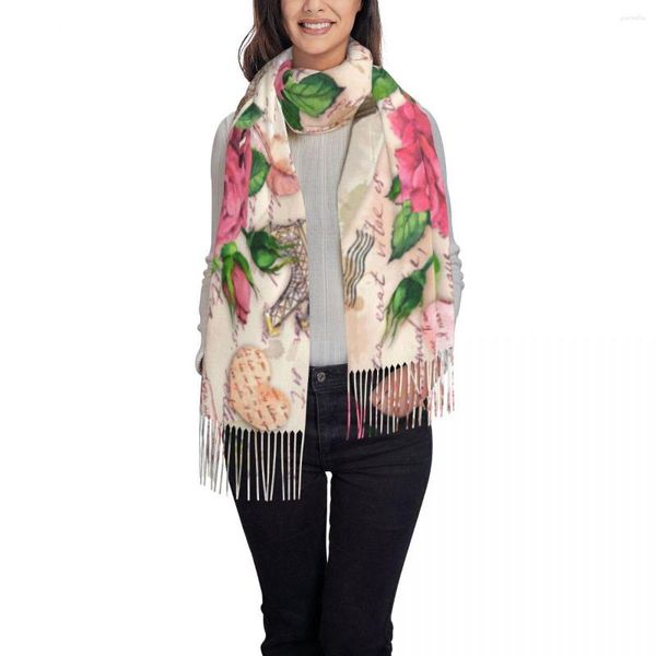 Schals Damen Schal Winter Eiffelturm Rose Briefmarken Federn Dünn Warm Cape Wraps Weiblich Bandana Pashmina Lange Quaste