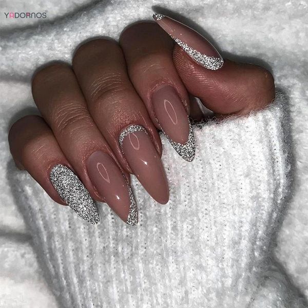 Unhas Postiças Rosa Prensa Amêndoa Falsa Com Desenhos Pó Glitter Prata Dicas Unhas Artificiais Francesas Decorações