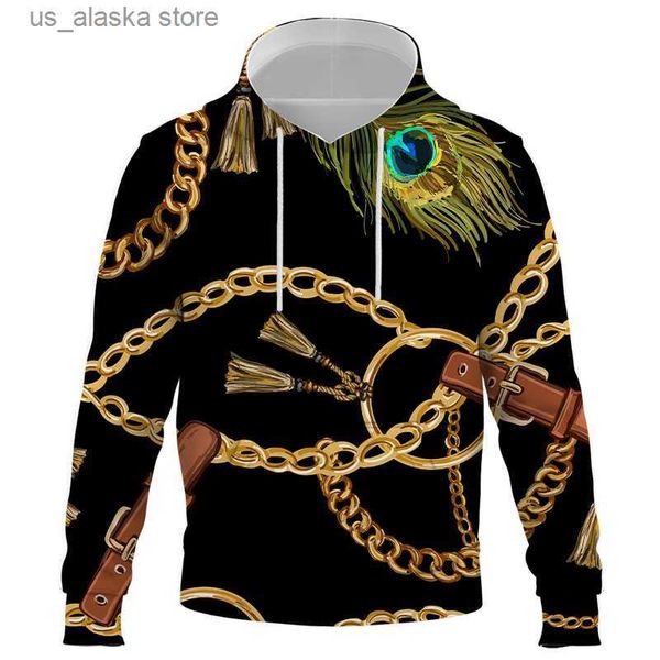 Erkek Hoodies Sweatshirts Lüks Altın Zincir Deseni 3D Baskılı Hoodies Sweatshirt Erkekler Harajuku Street Giyim Hip Hop Hoodies Sonbahar Kazanma T230731
