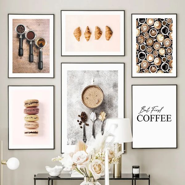 Kaffeebohne, Macaron, Kuchen, Croissant, Delikatesse, Leinwandgemälde, Wandkunst, nordischer Sinn für Design, Poster und Drucke, Wandbilder für Küche, Dessertladen, Dekor w06