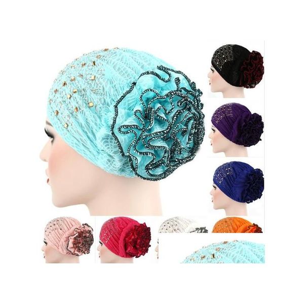 Beanie/Skull Caps Moda Donna Fiore Musulmano Volant Cancro Chemio Cappello Beanie Sciarpa Turbante Testa Wrap Cap Drop Delivery Accessori Ha Dheao