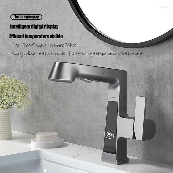 Rubinetti del lavandino del bagno Gun Grey LED Display digitale della temperatura Mobiletto del bagno Lavabo può essere sollevato e abbassato Rubinetto dell'acqua fredda P