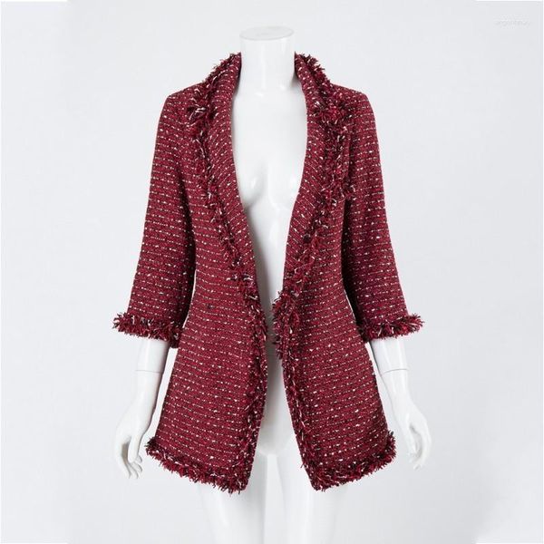 Giacche da donna Autunno 2023 Giacca da donna a mezza manica rossa in tweed Primavera con scollo a V Intrecciato da donna Sottile di media lunghezza Cappotto da donna OL Chic Capispalla