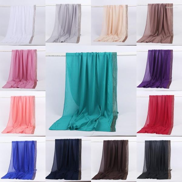 Шарфы чистый цвет мусульманский длинный шарф с стразами шифоновый головной плат