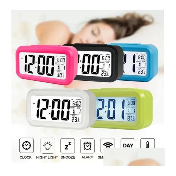 Orologi da tavolo da scrivania Sveglia muta in plastica Lcd Smart Temperature Cute P Osensitive Bedside Digital Sn Calendario notturno Drop Del Dhgfs