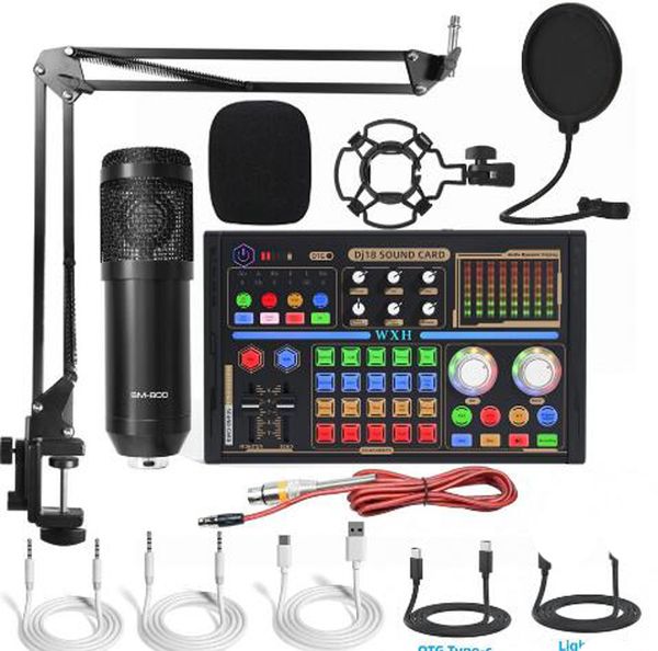 BM 800 DJ18 Microfones de áudio profissional V8 Pro Sound Card Set BM800 Mic Studio Condenser para OTG Type-C TV Gravação vocal ao vivo Podcast Performance Youtube Tiktok