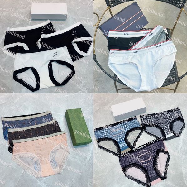 Cuecas femininas luxuosas de renda estampadas com letras e confortáveis cuecas de tamanho médio com caixa