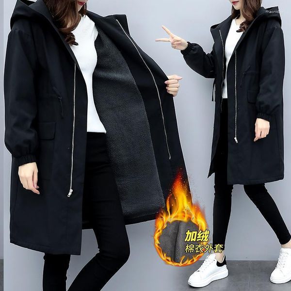 Damenjacken WYBLZ Winterjacke Frauen Windjacke Mittellange Oberbekleidung 2023 Trenchcoat Weibliche Mode Lose Kapuzenmantel Schwarz