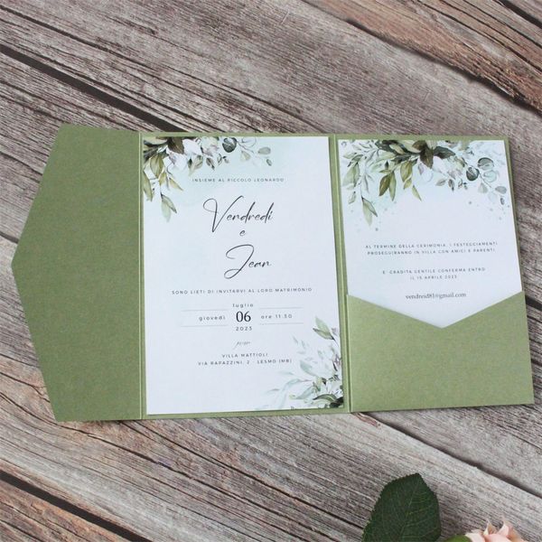 Cartões de felicitações verde-oliva personalizado fabricante de convite de casamento país noivado graduação cartão de aniversário floral inserções design 250g papel 50 pçs 230731