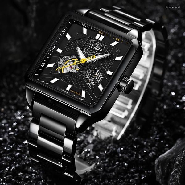 Armbanduhren Schwarz Stahl Mode Skeleton Mechanische Uhr Top Männer Steampunk Transparent Hohl Automatische Relogio Masculino