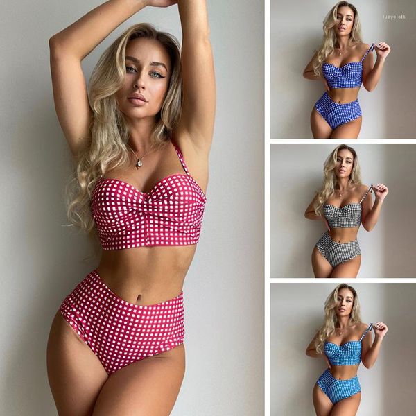 Fatos de banho femininos xadrez femininos de cintura alta conjunto de biquínis de duas peças linda garota sexy push up roupa de praia tanquíni feminino 2023