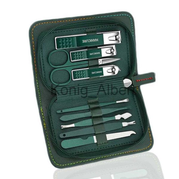 Corta-unhas 9 Pçs Manicure Conjunto de Cortadores de Unhas Aço Inoxidável Profissional Kits de Ferramentas para Cuidados com o Rosto dos Pés Conjuntos de Corte de Unhas Verdes com Estojo de Couro x0801