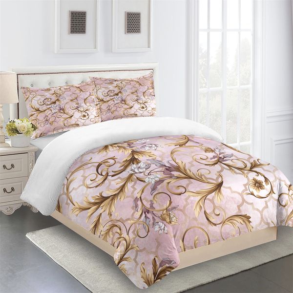 Bedding Sets Brand Luxury Brand Pink Gold Design barroco rei rainha dupla conjuntos de cama de cama de casal de casal de casal de casal de casal e 2 Pcs Capa de travesseiro 230731