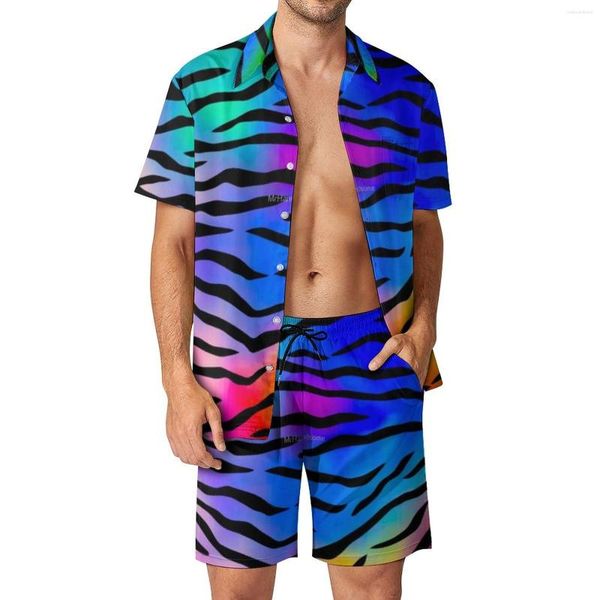 Fatos de treino masculinos Tiger Stripes Conjuntos masculinos Abstract Line Print Conjunto de camisas casuais Retro Beach Shorts Summer Design Terno 2 peças de roupas Plus