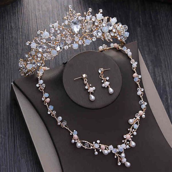 Nobile perline di cristallo perla oro set da sposa strass diadema diademi collana orecchini corona barocca set di gioielli da sposa283o