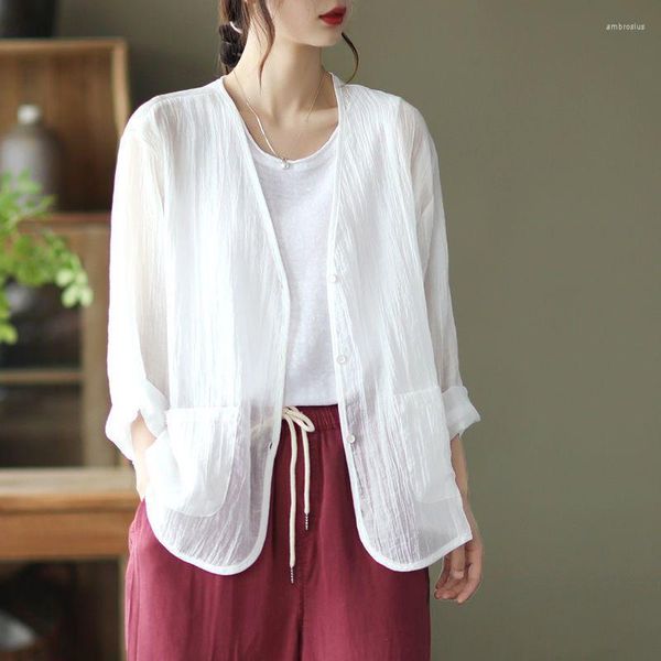 Рубашка для женских курток Thin Summer 9/4 Fashion Fashion Simple Casual Top Top Cold Pulth Set Daily Elegant Korean версия 2023