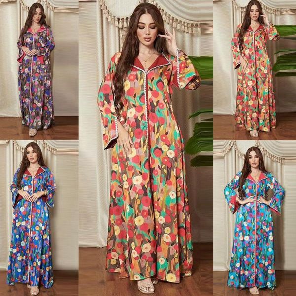 Roupas étnicas estampadas vestido longo para mulheres diamantes lapela muçulmano abaya marroquino jalabiya eid 2023 ramadã kaftan dubai robe djellaba turquia