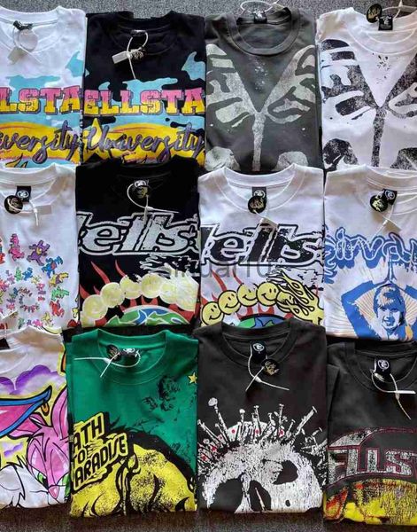 Camisetas masculinas Multi Color Hellstar T-shirt Summer New Flame Abstract Letter Print HELLSTAR Men Women T-shirt solto de manga curta Foto real J230731