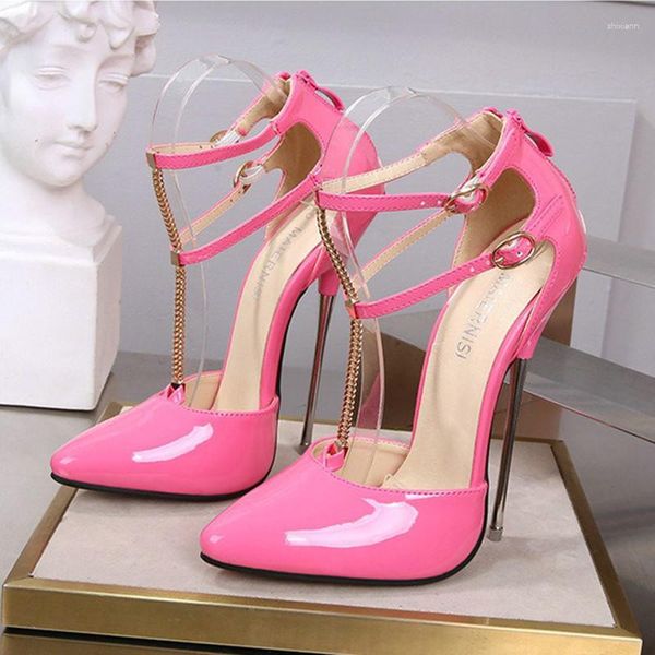 Sapatos sociais 16 cm rosa brilhante feminino bomba de alça com trava sissy menino salto alto arco especial calçado de festa personalizado 35-46